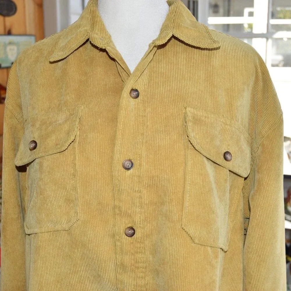 Vintage 70s Stag Hill Haband Corduroy Western Shirt Mustard Button Front Large